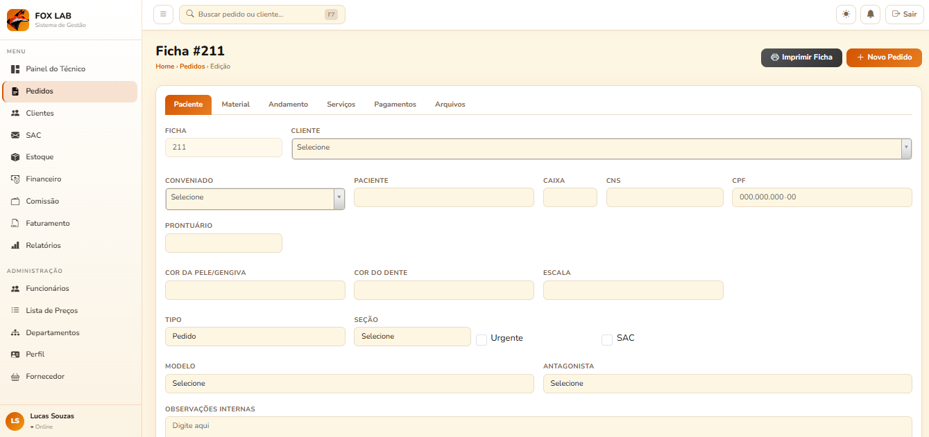 Tela de solicitações de próteses
